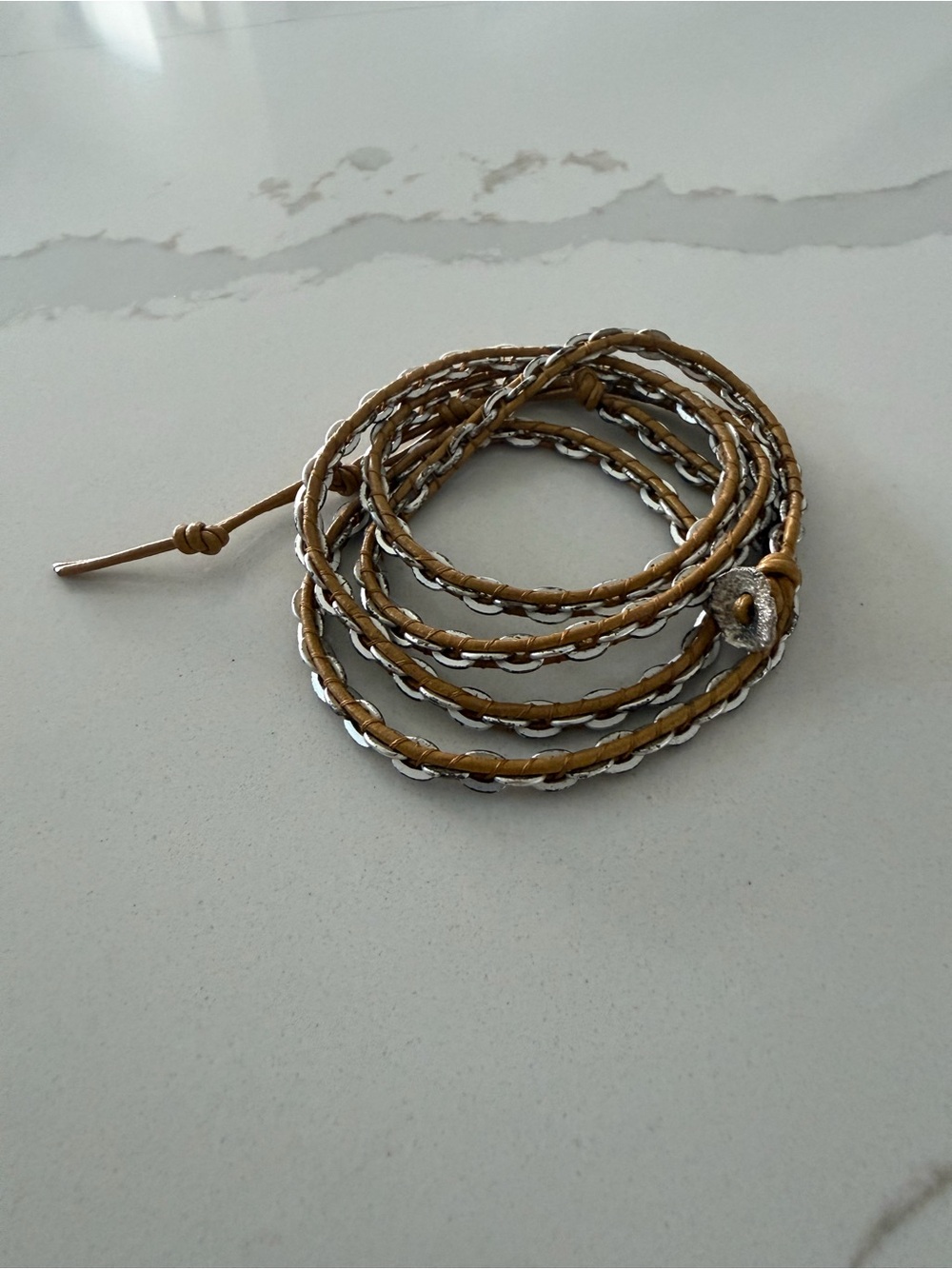 Nakamol Handmade Tan Wrap Bracelet with Silver Accents 35โ long